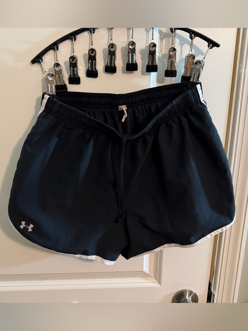 Under Armour Black Athletic Shorts with White Trim: size small